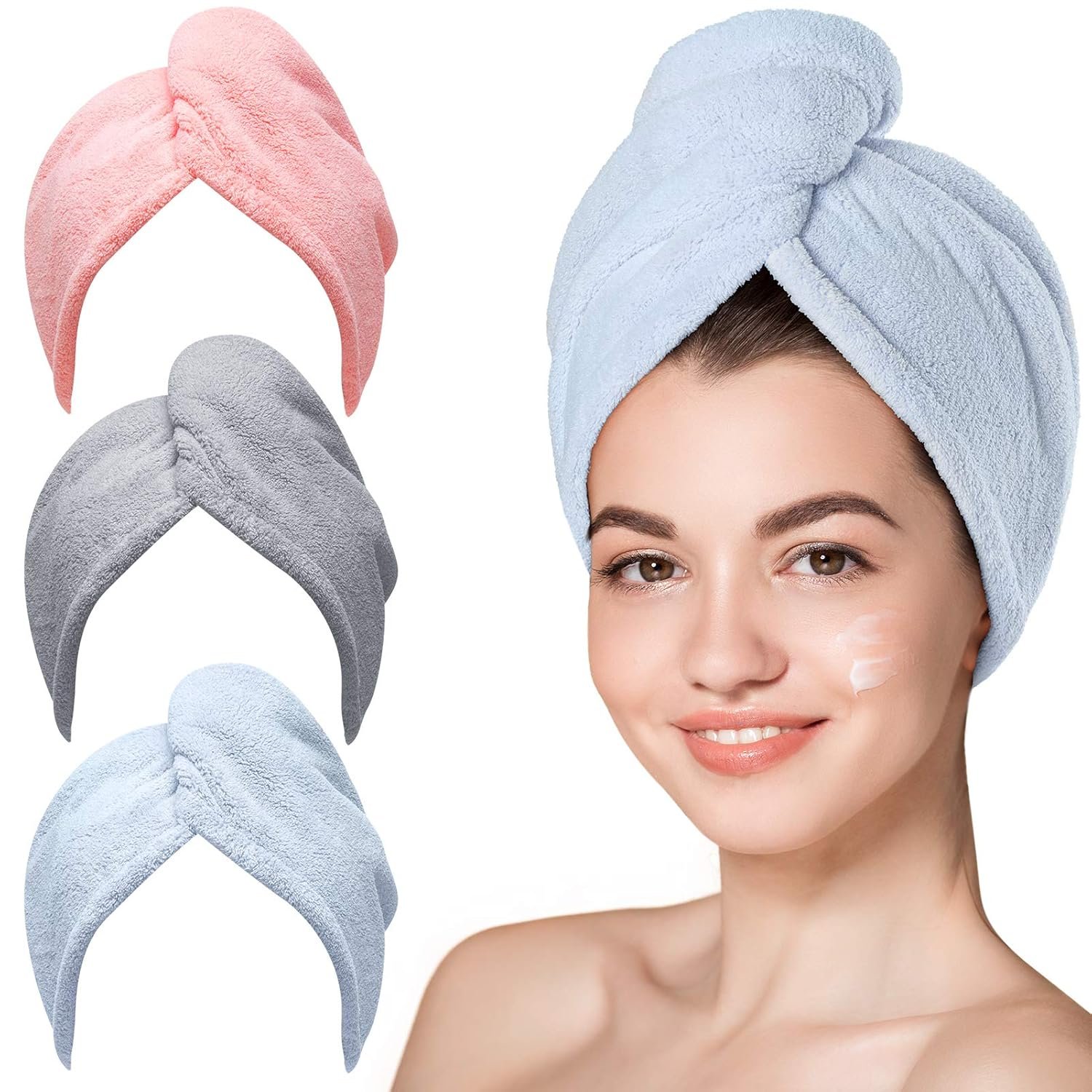 Hicober Microfiber Hair Towel,Turbans for Drying Wet Hair, Anti Frizz Hair Wrap Towels for Curly Hair Women (Blue,Grey,Pink) , 3 packs 81ofvjp4n7l. sl1500 .jpg